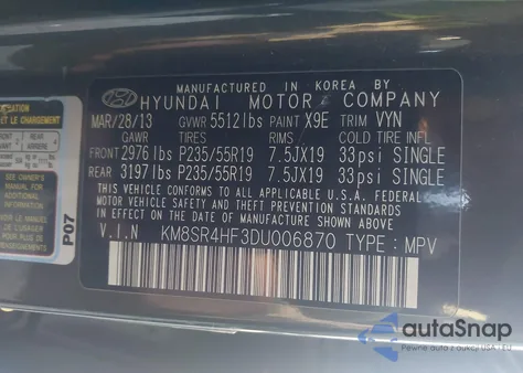 2013 Hyundai Santa Fe Limited z USA, uszkodzony, nr VIN KM8SR4HF3DU006870